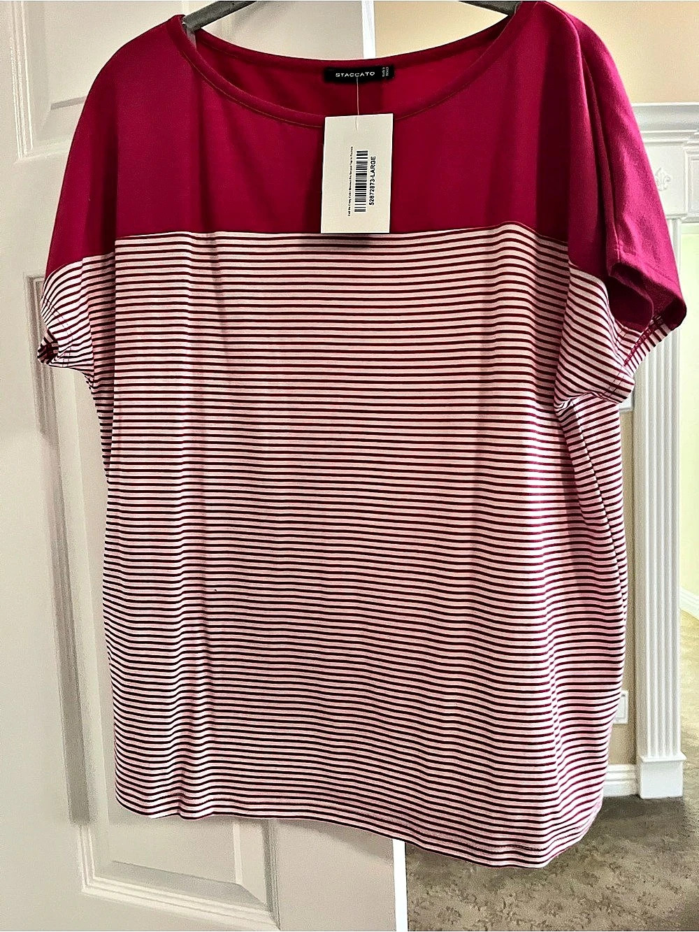 Staccato Color Block Pin Striped Top Pink & White Large